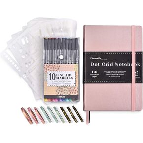 Journal Set - A5 Dotted Bullet Planner, Numbered Pages, 120gsm Paper + Fineliners + Stencils + Washi (Rose Gold)