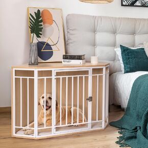 MEWOO Corner Dog Crate Furniture with Cushion, Wooden Dog Kennel End Table, Doghouse, Pet Crate for Indoor Use, Dog Cages for Small Medium Dogs Indoor