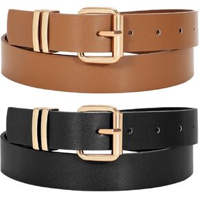 JASGOOD 2 Pack Women Belts for Jeans Ladies Leather Waist Belt for Pants Dresses with Gold Buckle