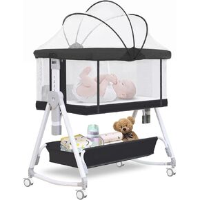 Youluzhen Baby Bassinet,3 in 1 Baby Bassinets Bedside Sleeper Bedside Bassinet for Baby with Wheels and Storage Basket, Portable 4-Sided Mesh Bedside Crib for Newborn,7 Height Adjustable (Grey) in Saudi Arabia