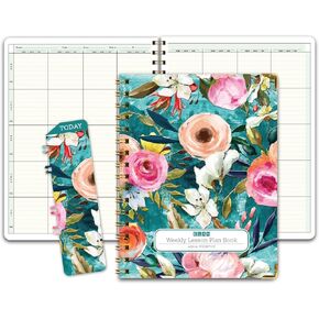 Elan Publishing Company HARDCOVER 8 Period Teacher Lesson Plan - Days Vertically Down The Side with Bonus Clip-in Bookmark (Black Floral)