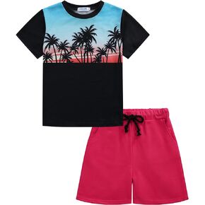 Geru Boy Shorts Sets Hawaiian Outfit Kid Leaves Floral Short Sleeve Shirt Top+shorts Suits
