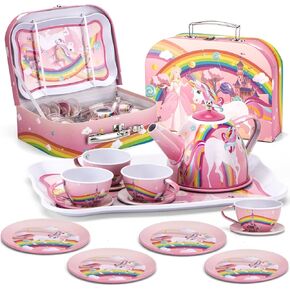 SPEEDYEAH Enchant Your Little Princess with This Unicorn Tea Party Set – a Magical Pretend Purple Tin Teapot Set for Hours of Princess Tea Time Play