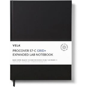 Vela Sciences S7-C Expanded ProCover Lab Notebook, 9.25 x 11.75 in (23.5 x 30 cm), 144 Pages, Black Synthetic Leather, Permanent Bound, 70lb Heavyweight Paper (1-Pack, Grid+)