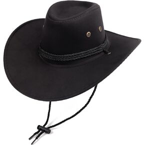 DRESHOW Faux Felt Western Cowboy Cowgirl Hat for Women Men Fedora Outdoor Wide Brim Hat with Strap Unisex Rolled up Caps