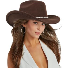 INOGIH Classic Black Western Felt Roll-Up-Brim Cowboy-Hat for Women Men - Bling Cowgirl-Hat Felt Fedora for Disco Parties
