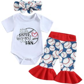 Omkzanbi 3Pcs Newborn Baby Girl Clothes Little Sister Biggest Fan Onesie Baseball Flared Pants Bell Bottom Cute Summer Outfit