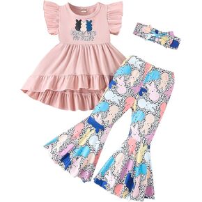 Noubeau Toddler Baby Girl Easter Outfits Ruffle Letter Rabbit Print Dress Shirt Top Leopard Bell-Bottom Flare Pant Headband