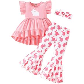 Noubeau Toddler Baby Girl Easter Outfits Ruffle Letter Rabbit Print Dress Shirt Top Leopard Bell-Bottom Flare Pant Headband