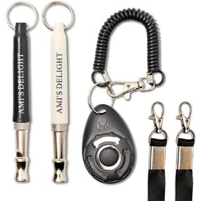Ami's Delight Dog Whistle Set of 5 | 2PCS Premium Quality Adjustable Dog Whistles with 2 Black Lanyards and a Dog Clicker | Ultrasonic Dog Whistle to Stop Barking Neighbors Dog