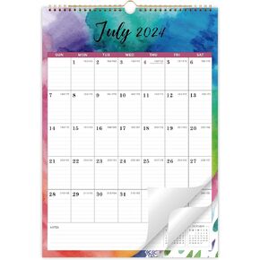 Wall Calendar 2024-2025 - JUL 2024 - DEC 2025,18 Monthly Calendar with Thick Paper, 12" x 17", Twin-Wire Binding + Hanging Hook + Large Blocks, 2024-2025 Calendar with Julian Dates - Watercolor Ink
