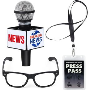 Yewong Kids Journalist News Reporter Costume Accessories Set Press Cap Pass Microphone Prop Costume Glasses for Career Day Party