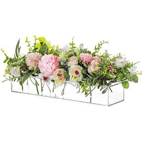 Rectangular Acrylic Vases for Centerpieces, 16 Inches Long Floral Vase with Holes for Flowers, Clear Rectangle Box Tray for Roses Modern Flower Arranger for Wedding Home Dining Table Decor, 6pcs