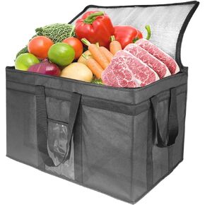 Oseeny 3XL Insulated Food Transport Bag - Reusable Cooler Bag for Cold and Hot Food Delivery with Lid and Double Zipper (Black, 3XL)