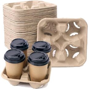 UBozeuiv 100pcs Pack Disposable Biodegradable Cup Carriers - Pulp Fiber Delivery Cups Holder for drink cups- 4 Cup Drink Carriers for Take out and Delivery Orders - Ideal for coffee Drinks cup carrier