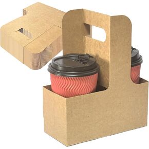 GIWOSK 50 Count Disposable Drink Carrier with Handle, 2 Cup Kraft Paper to Go Coffee Cup Holder Take Out Cup Carriers for Cafe Restaurant Food Delivery Service Hot or Cold Drinks