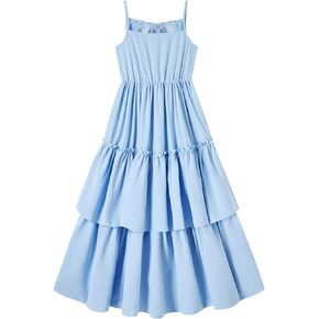 Kids4ever Girls Long Strap Dress Ruffle Kids Backless Tiered Maxi Dresses Party 6-13 Years