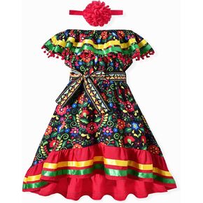 fioukiay Toddler Girls Mexican Dress Little Girl Off Shoulder Bowknot Traditional Color Block Dresses