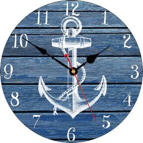 TAHEAT Nautical Anchor Beach Wall Clock, Navy Blue Bathroom Accessories and Decor, Decorative Battery Operated Vintage Clocks for Living Room/Kitchen/Home/Lake House, 12 Inch