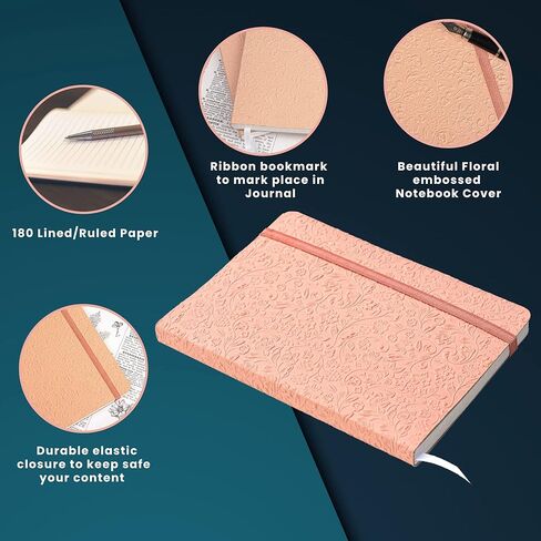 دفتر يوميات مبطن بغطاء ورقي منقوش من LEATHER VILLAGE - مقاس 7 × 5 بوصات - 180 صفحة من ورق ناعم بوزن 90 جرامًا في المتر المربع - مذكرات ذات غلاف ناعم - غطاء بلون الخوخ in Kuwait