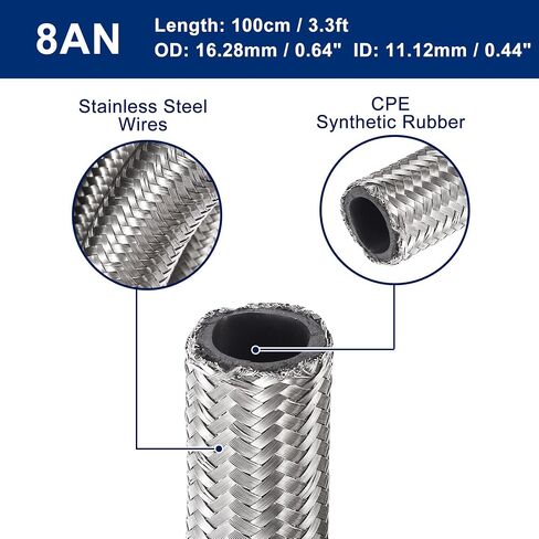X AUTOHAUX سيارة الفولاذ المقاوم للصدأ مضفر شبكة خرطوم 3.3ft 1/2 "AN8 خرطوم الوقود خط الغاز النفط لهجة فضية in Kuwait