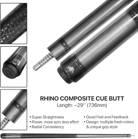 RHINO Nebula Pool Cue - رمادي فاتح (مفصل نصف قطري) - 12.8 مم، قطر الطرف 12.4 مم. استقامة. عمود من ألياف الكربون بنسبة 100% ومؤخرة مركبة، مستدقة احترافية in Saudi Arabia