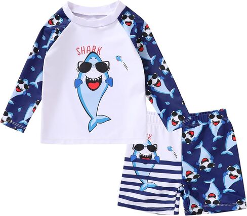 Happy Town Toddler Boys Swimsuits Trunk Rashguard Long Sleeve Swim Shirt Two Pieces Bathing Suits Surfing Suit Swimwear Beach Summer Outfits Clothes(Cool Shark with Sunglasses,18-24 Months) in Saudi Arabia