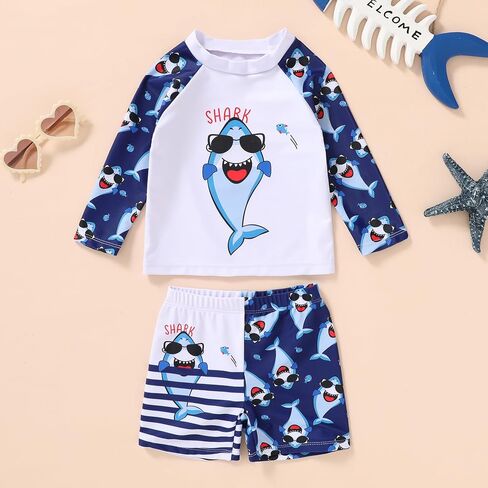 Happy Town Toddler Boys Swimsuits Trunk Rashguard Long Sleeve Swim Shirt Two Pieces Bathing Suits Surfing Suit Swimwear Beach Summer Outfits Clothes(Cool Shark with Sunglasses,18-24 Months) in Saudi Arabia