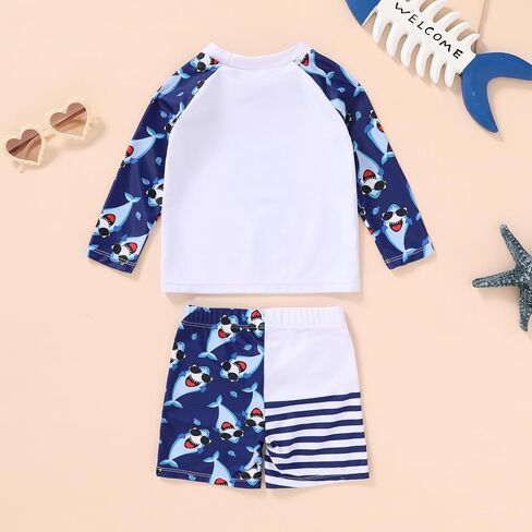 Happy Town Toddler Boys Swimsuits Trunk Rashguard Long Sleeve Swim Shirt Two Pieces Bathing Suits Surfing Suit Swimwear Beach Summer Outfits Clothes(Cool Shark with Sunglasses,18-24 Months) in Saudi Arabia