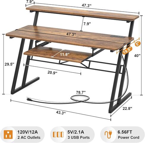 مكتب استوديو موسيقى AC-47 بوصة مزود بمنفذ طاقة، مكتب استوديو لإنتاج الموسيقى، مكتب استوديو تسجيل للمنتج، مكتب محطة عمل استوديو لتسجيل الموسيقى، صينية البيانو، حامل مرتفع، بني ريفي in Kuwait