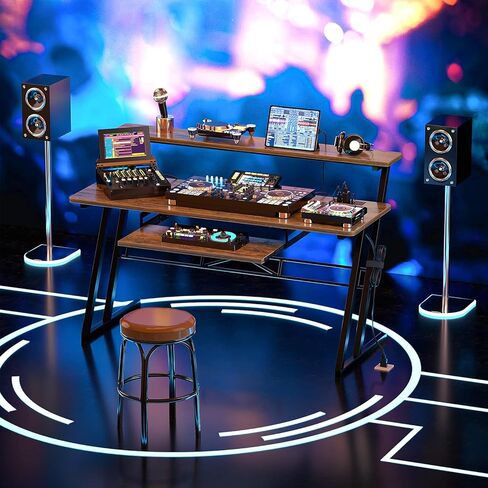 مكتب استوديو موسيقى AC-47 بوصة مزود بمنفذ طاقة، مكتب استوديو لإنتاج الموسيقى، مكتب استوديو تسجيل للمنتج، مكتب محطة عمل استوديو لتسجيل الموسيقى، صينية البيانو، حامل مرتفع، بني ريفي in Kuwait