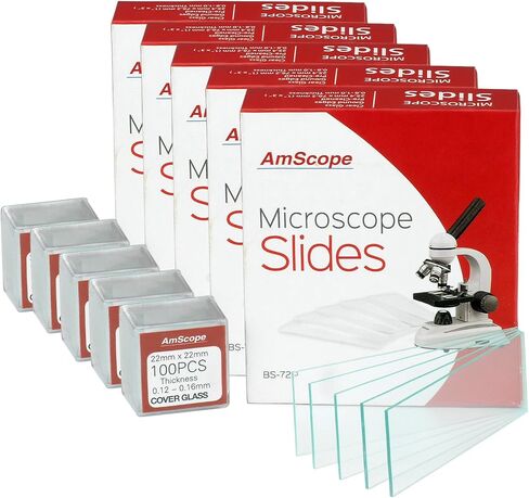 AmScope - 72 قطعة من شرائح المجهر الفارغة المُنظفة مسبقًا + 100 شريحة تغطية - BS-72P-S100-22X5 - عبوات متعددة (5 قطع) in Saudi Arabia
