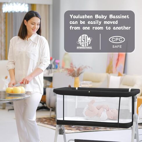 سرير أطفال من Youluzhen، سرير أطفال 3 في 1 بجانب السرير للنوم مع عجلات وسلة تخزين، سرير أطفال شبكي قابل للحمل بأربعة جوانب لحديثي الولادة، 7 ارتفاع قابل للتعديل (رمادي) in Saudi Arabia