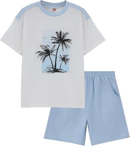 Geru Boy Shorts Sets Hawaiian Outfit Kid Leaves Floral Short Sleeve Shirt Top+shorts Suits in Saudi Arabia