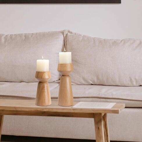 مجموعة حوامل شموع عمود خشبي مكونة من 2، حامل شموع خشبي كبير لديكورات الوشاح، قطع مركزية ريفية للطاولات، حامل شموع المزرعة الحديثة المزخرفة in Kuwait