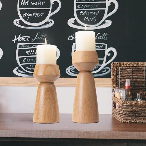 مجموعة حوامل شموع عمود خشبي مكونة من 2، حامل شموع خشبي كبير لديكورات الوشاح، قطع مركزية ريفية للطاولات، حامل شموع المزرعة الحديثة المزخرفة in Kuwait