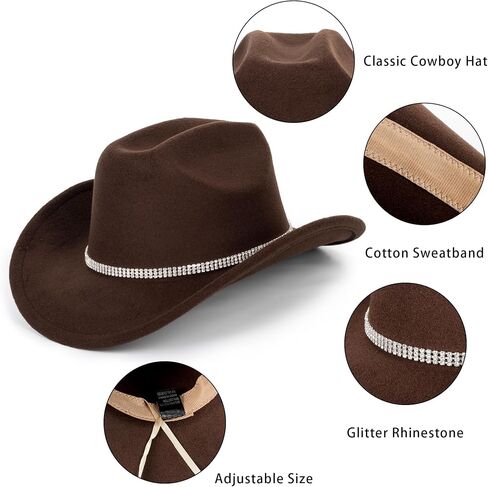 INOGIH Classic Black Western Felt Roll-Up-Brim Cowboy-Hat for Women Men - Bling Cowgirl-Hat Felt Fedora for Disco Parties in Saudi Arabia