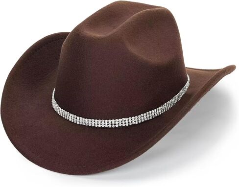 INOGIH Classic Black Western Felt Roll-Up-Brim Cowboy-Hat for Women Men - Bling Cowgirl-Hat Felt Fedora for Disco Parties in Saudi Arabia