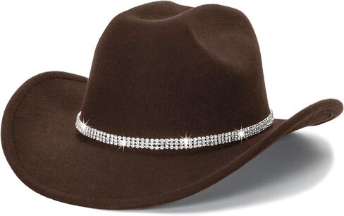 INOGIH Classic Black Western Felt Roll-Up-Brim Cowboy-Hat for Women Men - Bling Cowgirl-Hat Felt Fedora for Disco Parties in Saudi Arabia