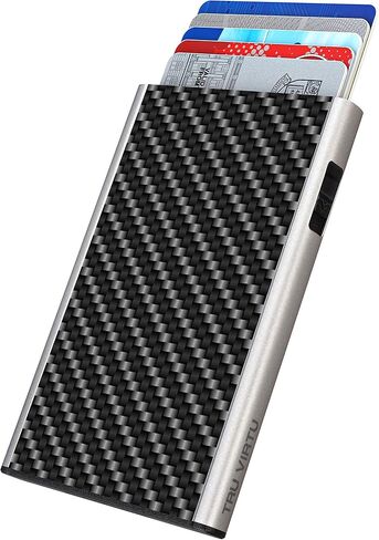 Tru Virtu® Card Holder Click & Slide I Credit Card Holder Wallet I Card-Holder-RFID-NFC-Protection I Aluminium Card-case I Card Storage I Slim Wallet (Carbon Fibre Black/SIL) in Saudi Arabia