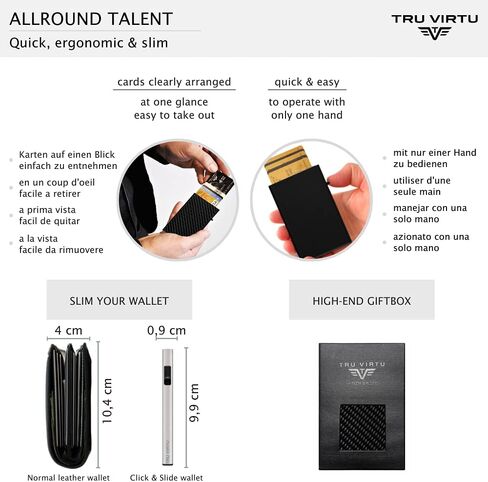 Tru Virtu® Card Holder Click & Slide I Credit Card Holder Wallet I Card-Holder-RFID-NFC-Protection I Aluminium Card-case I Card Storage I Slim Wallet (Carbon Fibre Black/SIL) in Saudi Arabia