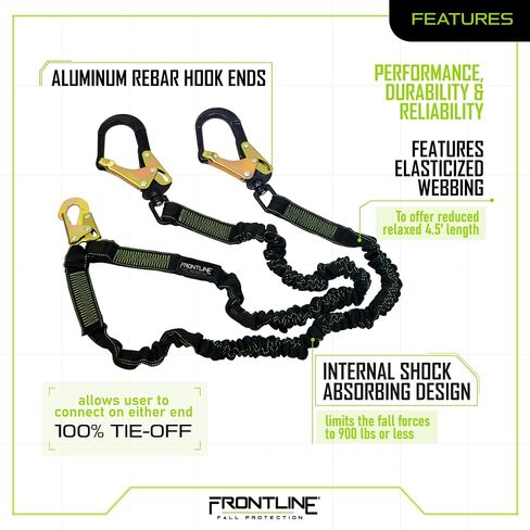 Frontline LIS62RA Elastic Double Leg 6' Lanyard with Aluminum Rebar Hooks | Twin Lanyard 1 Snap Hook and 2 Rebar Hook Ends | ANSI & OSHA Compliant Fall Protection | 6000 lbs. Min. Breaking Strength in Saudi Arabia
