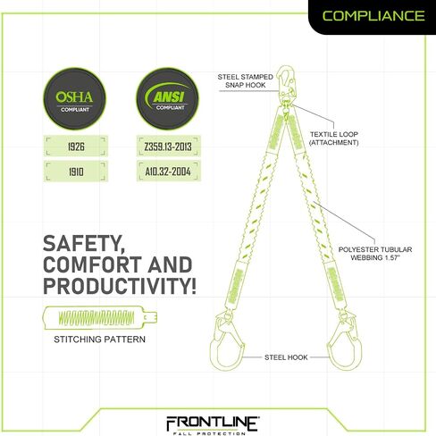 Frontline LIS62RA Elastic Double Leg 6' Lanyard with Aluminum Rebar Hooks | Twin Lanyard 1 Snap Hook and 2 Rebar Hook Ends | ANSI & OSHA Compliant Fall Protection | 6000 lbs. Min. Breaking Strength in Saudi Arabia