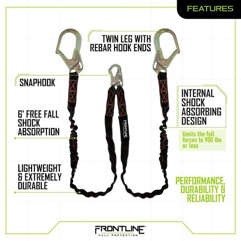 Frontline LIS62RA Elastic Double Leg 6' Lanyard with Aluminum Rebar Hooks | Twin Lanyard 1 Snap Hook and 2 Rebar Hook Ends | ANSI & OSHA Compliant Fall Protection | 6000 lbs. Min. Breaking Strength in Saudi Arabia