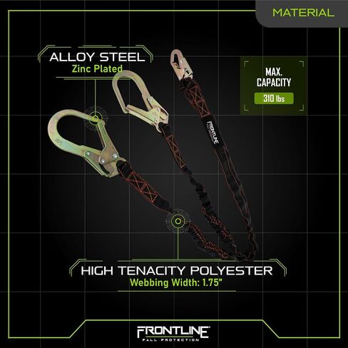 Frontline LIS62RA Elastic Double Leg 6' Lanyard with Aluminum Rebar Hooks | Twin Lanyard 1 Snap Hook and 2 Rebar Hook Ends | ANSI & OSHA Compliant Fall Protection | 6000 lbs. Min. Breaking Strength in Saudi Arabia