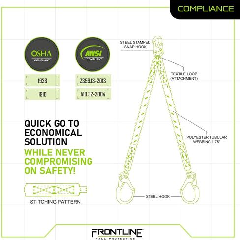 Frontline LIS62RA Elastic Double Leg 6' Lanyard with Aluminum Rebar Hooks | Twin Lanyard 1 Snap Hook and 2 Rebar Hook Ends | ANSI & OSHA Compliant Fall Protection | 6000 lbs. Min. Breaking Strength in Saudi Arabia