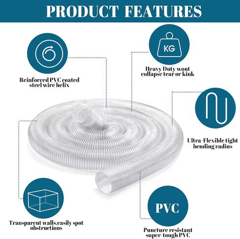 Yaocom 4 Inches 70 ft PVC Dust Collection Hose with Stainless Steel Hose Clamps Set Flexible Clear Vacuum Hose Puncture Resistant Fume Hose for Vacuums Cleaner Fume Dust Collection System in Saudi Arabia