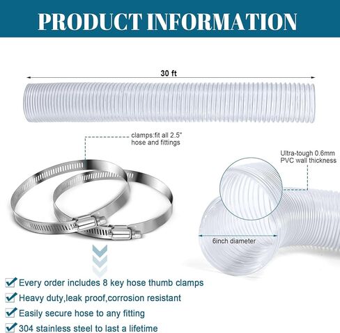 Yaocom 4 Inches 70 ft PVC Dust Collection Hose with Stainless Steel Hose Clamps Set Flexible Clear Vacuum Hose Puncture Resistant Fume Hose for Vacuums Cleaner Fume Dust Collection System in Kuwait