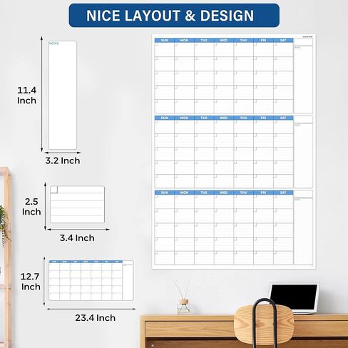 تقويم مسح جاف كبير للجدار - تقويم حائط غير مؤرخ لمدة 3 أشهر، 28 بوصة × 40 بوصة، تقويم مسح جاف للجدار، تقويم جداري مسح جاف، عمودي، أزرق in Kuwait