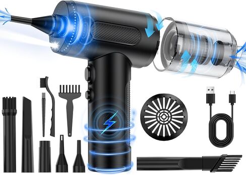 3 in 1 Compressed Air Duster/Pump & Wireless Vacuum Cleaner - 3 Level Adjustable, 68W Power - Cordless Portable Air Blower with LED Light & 10 Kits for Keyboard, Car, Replace Air Can in Kuwait